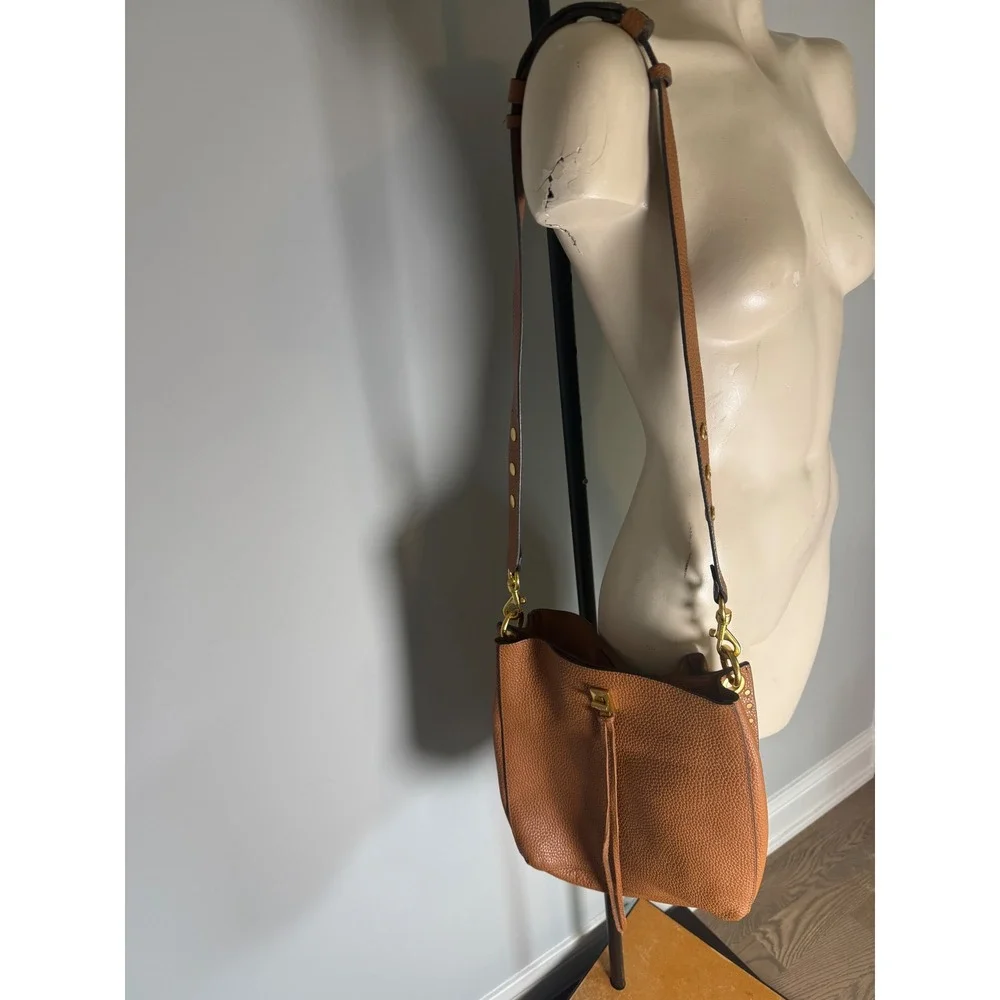 Rebecca Minkoff Brown Pebbled Leather Studded Crossbody Bucket Bag Gold Hardware
